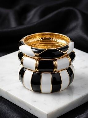 Black & White Enamel Gold-Trim Bangle Set - Women Jewelry